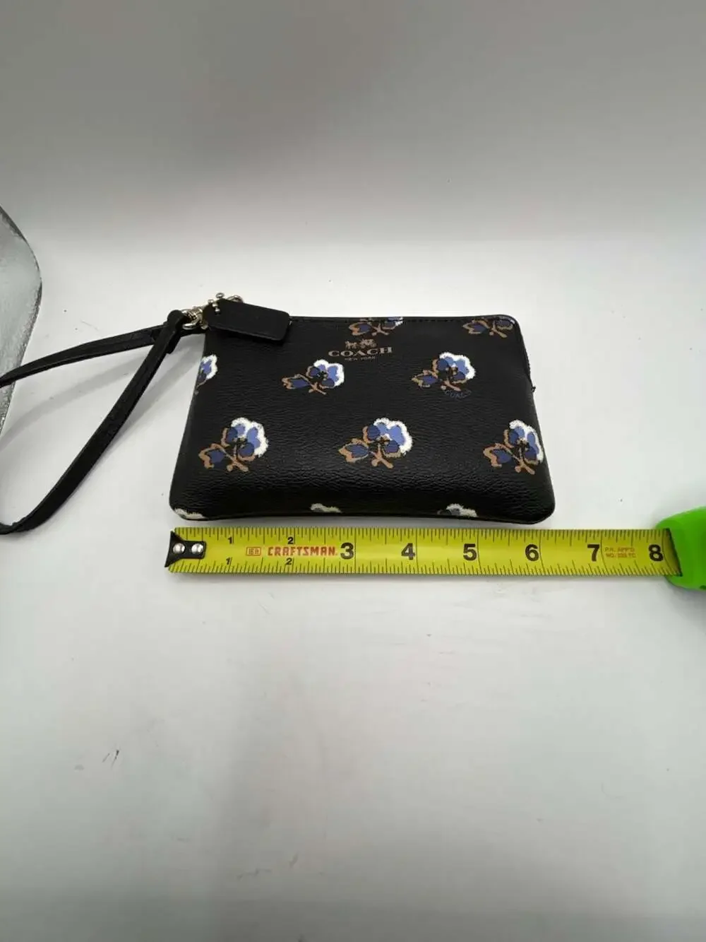 Coach Black Blue Floral Bramble Rose Print Leather Wristlet Pouch